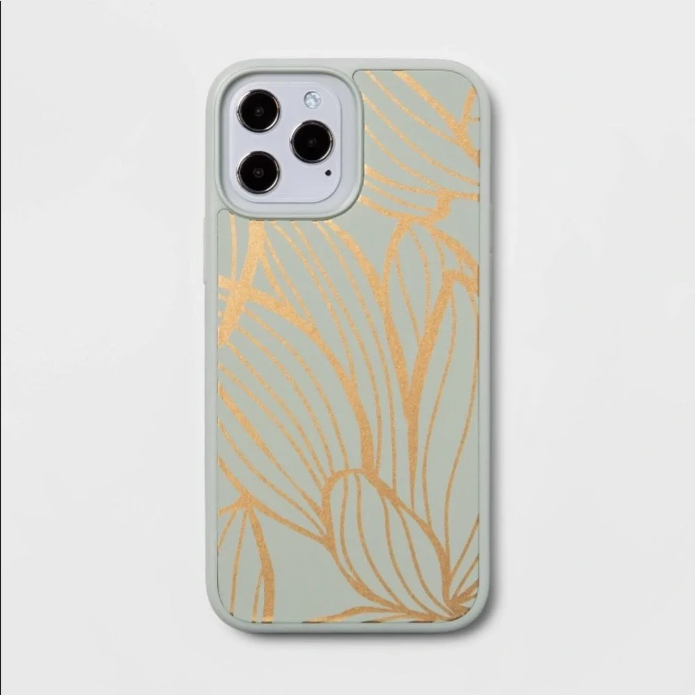 Heyday iPhone 13 phone case sage botanical green gold glitter screen protector